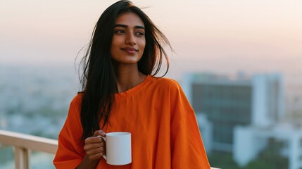 Obraz premium Young woman on balcony holding coffee mug in orange top at sunrise city skyline for lifestyle background and morning routine banner