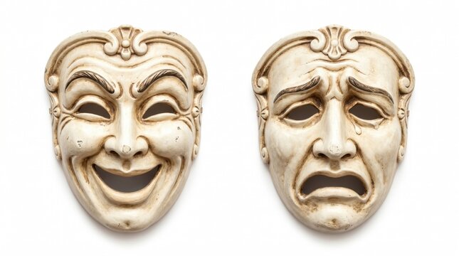 Classic comedy and tragedy theater masks isolated on a clean white background. Ivory colored Greek drama masks representing happy and sad emotions, acting, performance, and theatrical art.