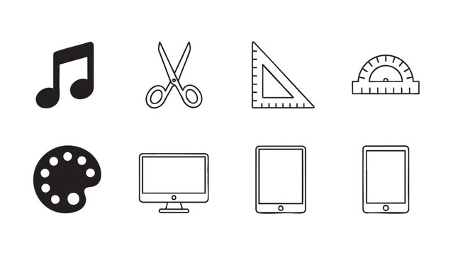 music note, scissors, triangle ruler, protractor, paint pale