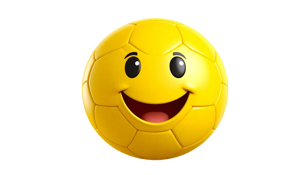 yellow cartoon soccer ball smiling, isolated on transparent background.