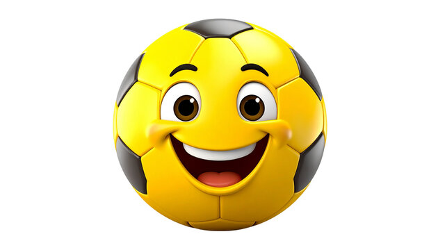 yellow cartoon soccer ball smiling, isolated on transparent background