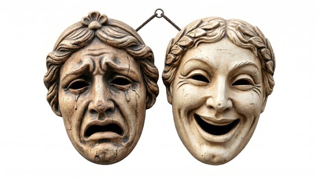 Classic Comedy and Tragedy Theater Masks Isolated on White Background, Ancient Greek Drama Symbols of Happy and Sad Faces, Melpomene and Thalia Sculpted Ceramic Ornaments for Theatre Acting and Stage