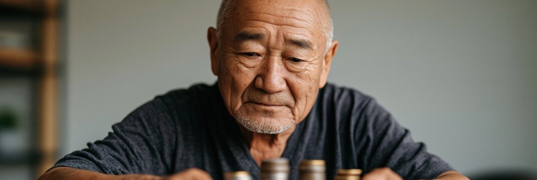 Senior man counting and sorting coins for retirement budgeting and financial planning background for elder finance banner