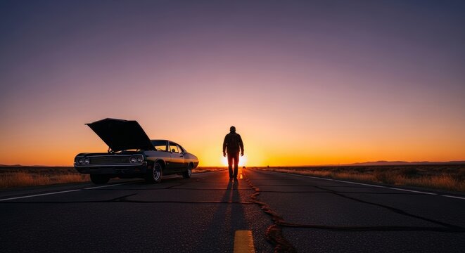 Man walking away from broken down vintage car on empty highway at sunset. Traveler in distress on desert road journey. Concept of breakdown, travel trouble, freedom and adventure.