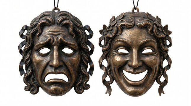 Classical Comedy and Tragedy Theater Masks, Antique Bronze Greek Drama Ornaments Representing Sadness and Joy, Melpomene and Thalia Acting Symbols Isolated on Clean White Background