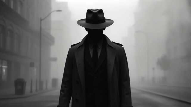 Tracking shot of man in trench coat approaching camera while walking down foggy city street with fedora silhouette in monochrome morning