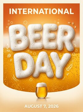 Bright vertical International Beer Day foam text poster with golden beer and bubbles for pub, brewery, party and social media promotion.
