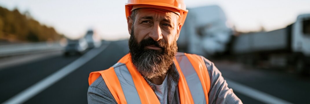 Serious bearded construction worker in orange safety vest and hard hat on highway for safety poster and industrial banner background