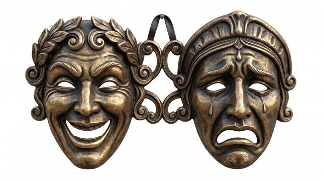 Classical Greek Comedy and Tragedy Theatre Masks in Bronze Isolated on White Background. Antique Drama Symbols representing Melpomene and Thalia for Stage, Acting, and Performing Arts.