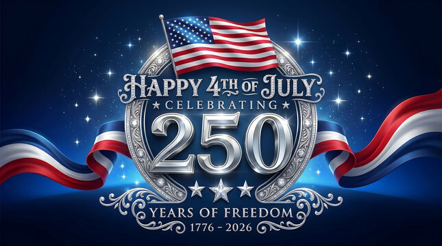 Happy 4th of july 250th anniversary celebration, 250 years of freedom 17762026, american independence day emblem with us flag, silver metallic typography, stars and ribbons on blue background