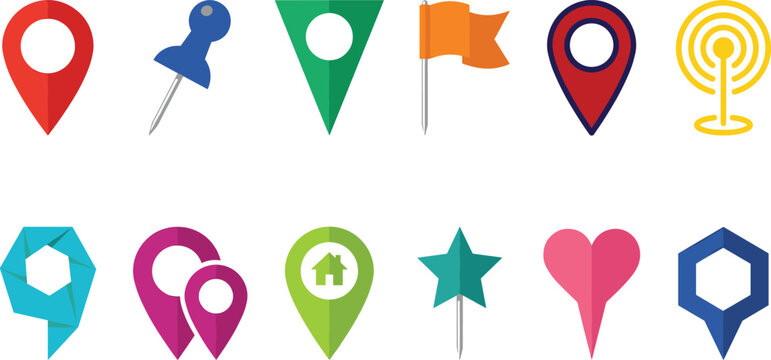 Map pin location marker pointer vector icon set navigation pushpin flag star heart gps destination travel geometric interface elements