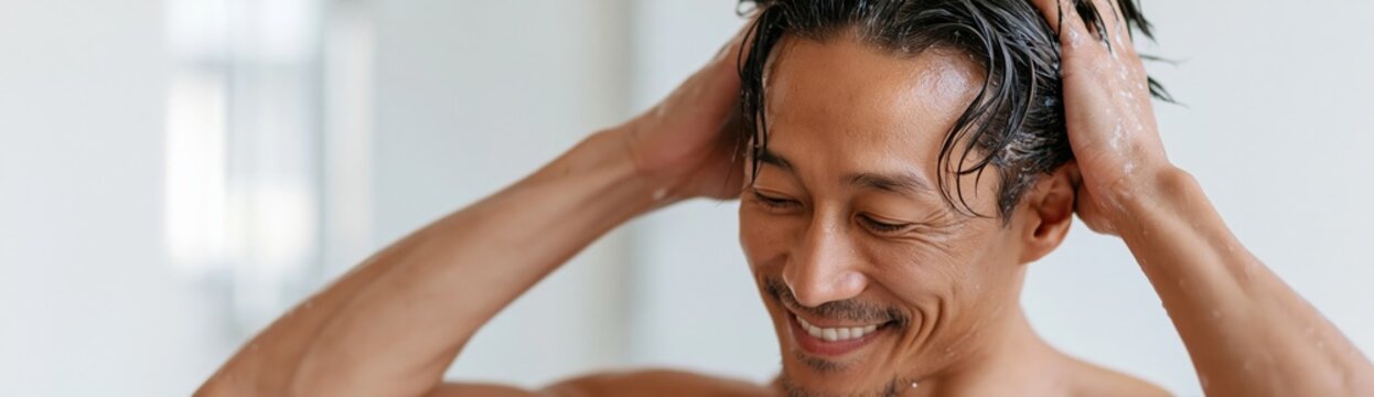 Man massaging shampoo into hair in the shower for grooming wellness banner and personal care background promoting routine