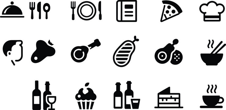 Food dining icons silhouette set, chef hat, pizza slice, wine glass, cake, utensils, steaming cup, culinary vector illustration, black design