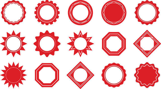 Red stamp ribbon sticker template vector set blank round starburst badge geometric guarantee label organic tag seal frame collection