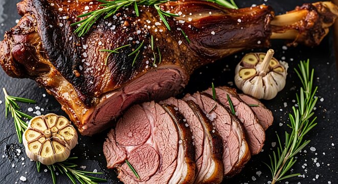 Roasted lamb leg with fresh rosemary and garlic on a dark surface. pierna cordero