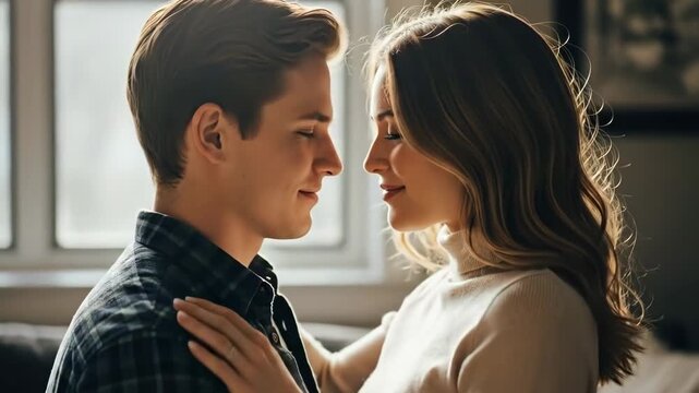 A young couple sharing an intimate and tender moment with foreheads touching