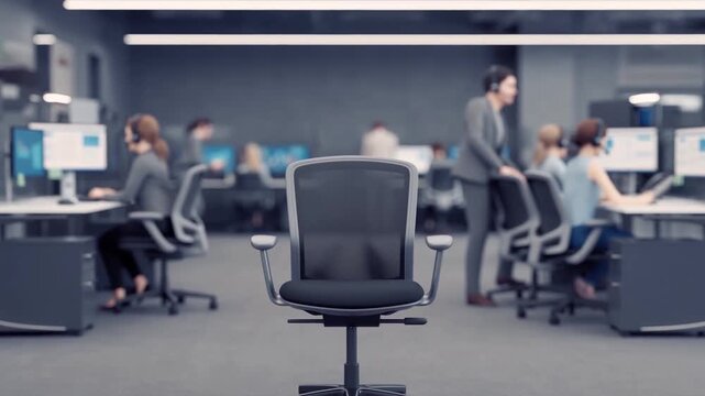 Tracking shot with rack focus of empty office chair as coworkers type and talk in open plan call center workspace during daytime