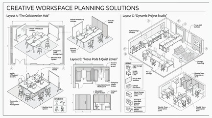 Fototapeta premium Creative workspace planning solutions featuring collaboration hubs and focus quiet zones