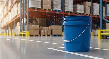 Naklejka premium Blue plastic bucket with handle sitting on the floor in a large industrial warehouse storage area. 5 gallon bucket