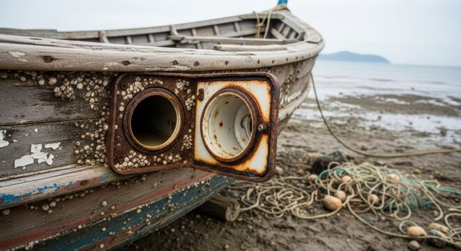 Old wooden fishing boat stranded on sandy beach at low tide. Rusty metal porthole detail on weathered vessel covered with barnacle. Maritime travel and nautical adventure concept.