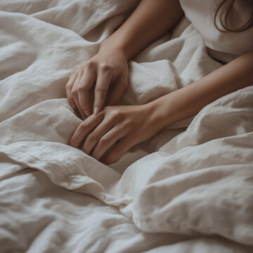 Woman's hands resting on soft bedding in natural light  