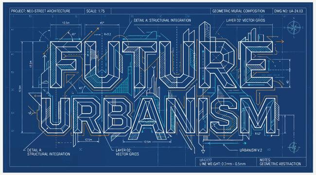 Future urbanism typography design with complex architectural blueprint overlay