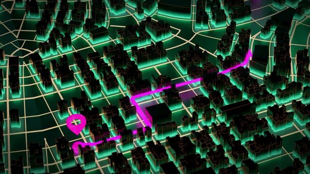 3D city map with pink route and location pin on glowing green streets