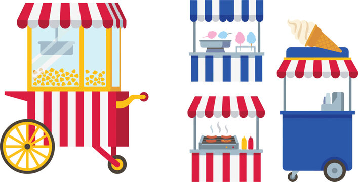 Flat vector amusement park food cart set featuring retro popcorn machine cotton candy kiosk hot dog stand ice cream cart isolated on white background for carnival theme design