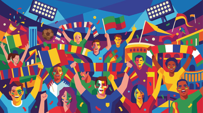 Illustration color&eacute;e de supporters enthousiastes c&eacute;l&eacute;brant une victoire dans un stade de football.