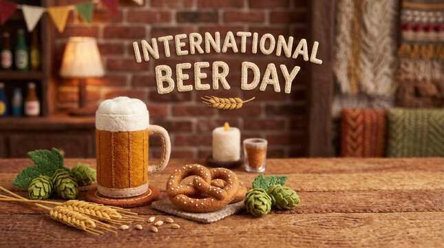 Rustic International Beer Day still life with beer mug, pretzels, hops and barrel, warm pub poster for craft beer celebration.