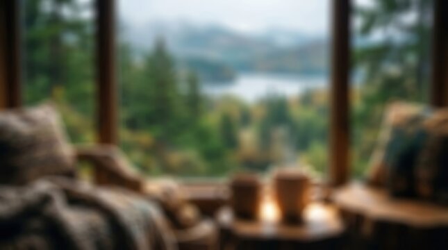 Blurred cozy cabin interior window view mountain lake landscape autumn forest nature background abstract bokeh