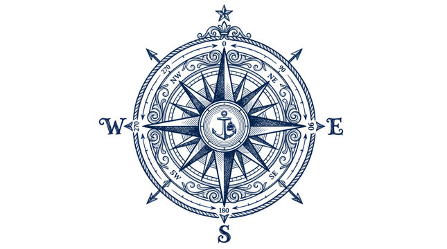 Vintage Nautical Compass Rose with Anchor, Marine Navigation Tool