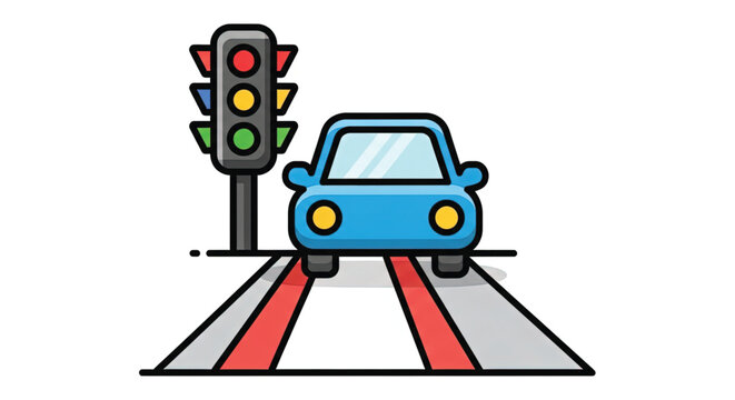 Blue Car Stopping at Traffic Light.