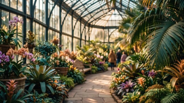 Greenhouse botanical garden interior lush tropical plants glass conservatory structure indoor park walkway sunlight scenery