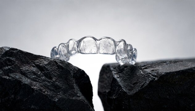 Clear invisible dental aligner balanced on dark rough stone texture background