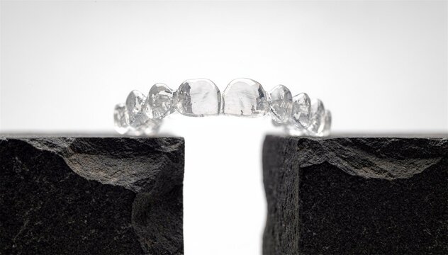 Clear invisible dental aligners floating above dark rough stone texture background