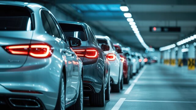 Several modern luxury crossover vehicles parked in a long line featuring glowing red taillights and sleek metallic silver car bodies