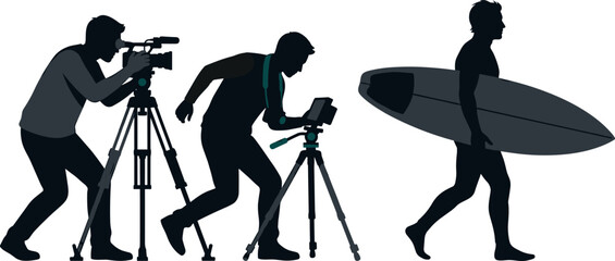 Film crew silhouette videographer shooting surfer walking with surfboard vector graphic illustration for sports media video production website © MDMAHABUR