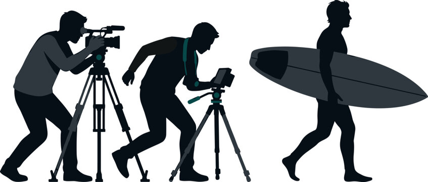 Film crew silhouette videographer shooting surfer walking with surfboard vector graphic illustration for sports media video production website