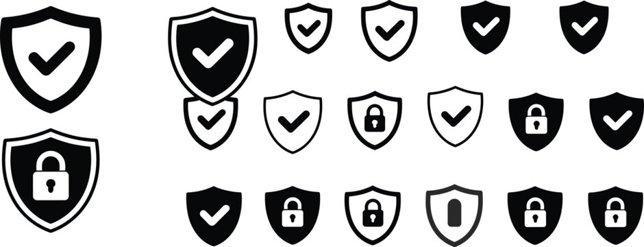 Shield icons security protection privacy padlock check mark verification cybersecurity authentication safety data defense privacy symbols collection set