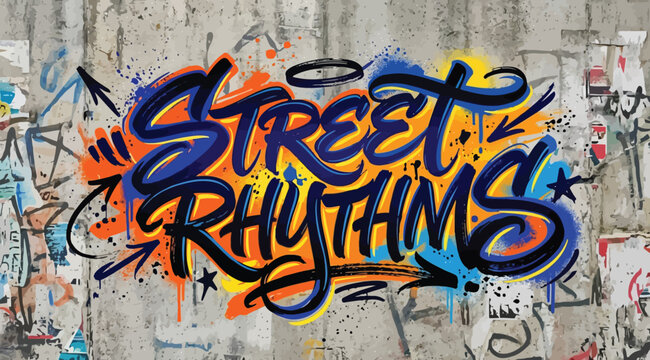 Street rhythms graffiti lettering design on concrete wall background