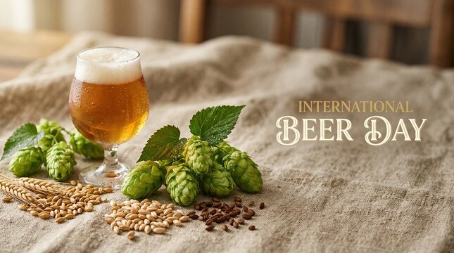Ultra detailed beer glass with hops and barley for International Beer Day, clean craft beer still life for poster and menu design.