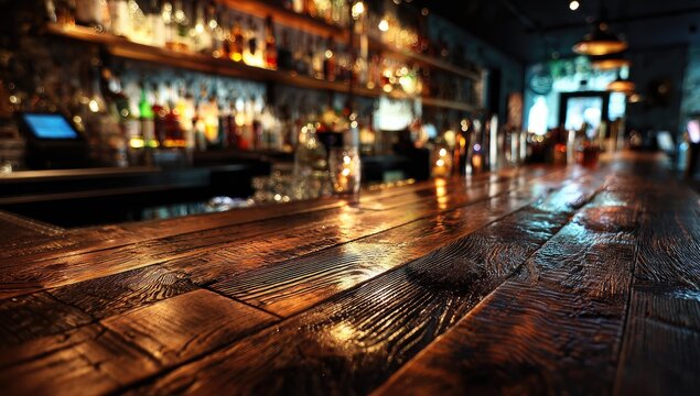 Polished wooden bar counter with shelves of bottles in soft focus behind