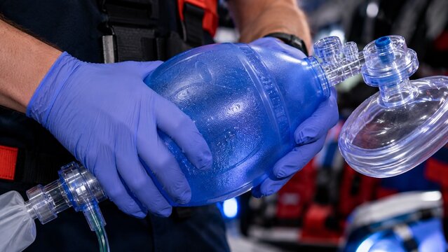 Gloved hands of a paramedic squeezing a blue manual resuscitator bag valve mask (BVM)