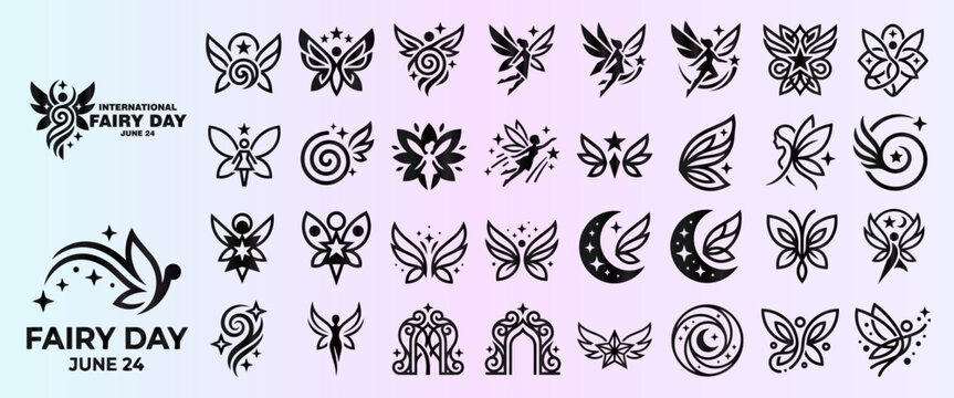 International Fairy Day Icon Set, Collection of Magical Fairy Silhouettes and Logos for June 24 Celebration.