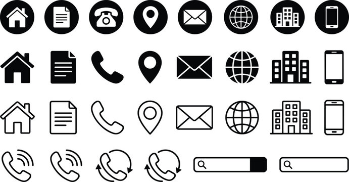 Contact info business card icon vector set home telephone email address location web internet smartphone line glyph circle interface