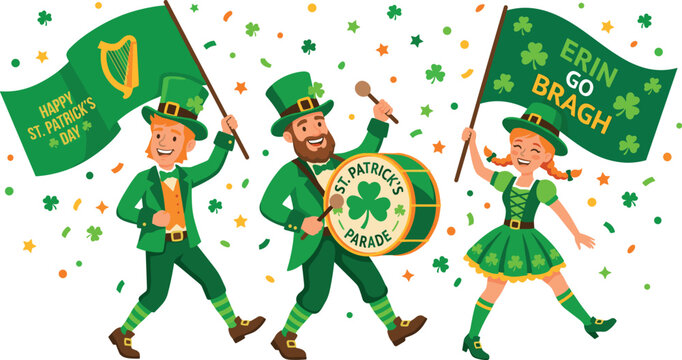 Happy people in leprechaun costumes marching with flags and drum at Saint Patricks Day parade flat vector illustration