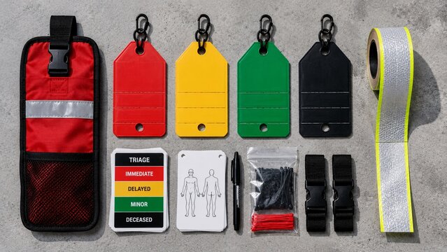 Flat lay of blank colorful emergency mass casualty triage tags in red, yellow, green and black