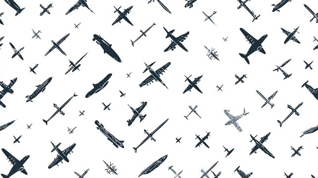 Seamless pattern of various airplane silhouettes on a white
