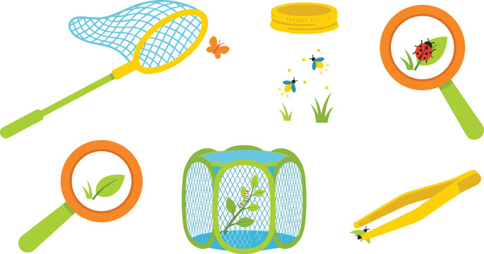Flat vector bug catching explorer kit icon set featuring butterfly net firefly jar magnifying glass insect cage tweezers isolated on white background for kids education design